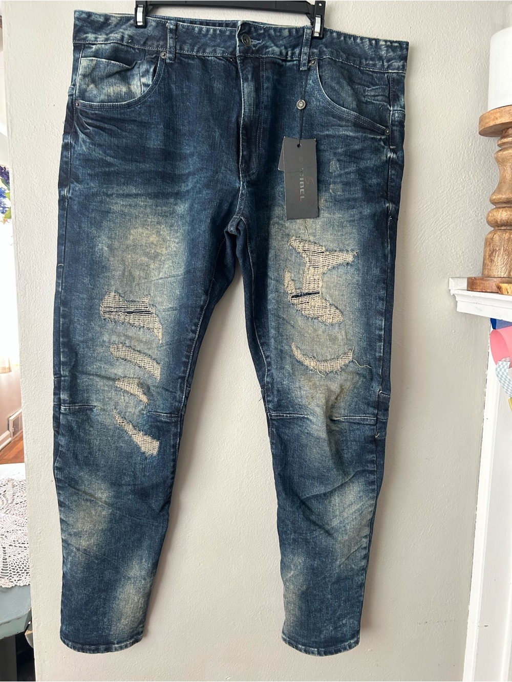 Decibel Distressed Moto Biker Jeans NWT 42/32 Blue Acid Wash Ripped Stretch